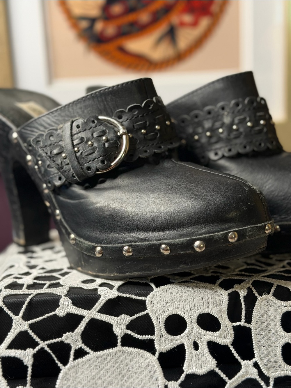 Vintage Steve Madden Black Studded Leather Clog Heels with Buckle Details Size 9